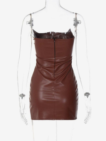 クラブ2026向け、ハイスリット入りのセクシーなミニボディコンドレス（ブラウンレザーコルセットドレス）