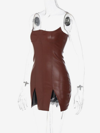 クラブ2026向け、ハイスリット入りのセクシーなミニボディコンドレス（ブラウンレザーコルセットドレス）