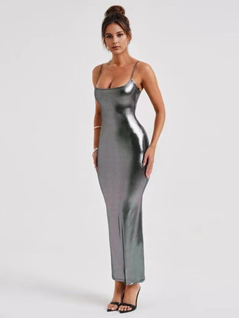 光沢のあるマキシ丈ボディコンドレス 夏のイブニングイベント向けスリップドレス 2025