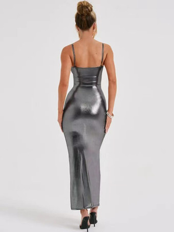 光沢のあるマキシ丈ボディコンドレス 夏のイブニングイベント向けスリップドレス 2025