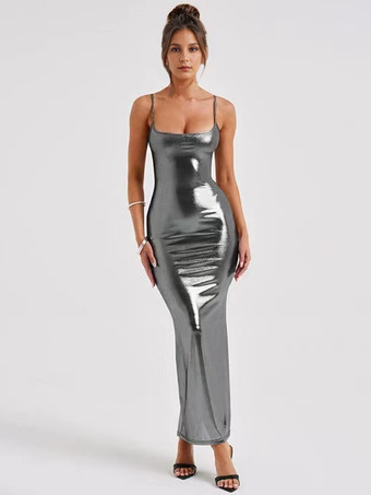 グレイ光沢のあるマキシ丈ボディコンドレス 夏のイブニングイベント向けスリップドレス 2025