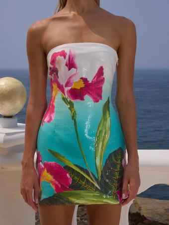 グリーン ホリデーシーズンにぴったりのスパンコールプリントのチューブドレス。2025年夏にぴったりのビーチボディコンミニドレス。