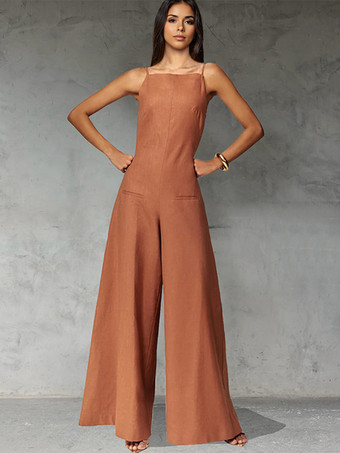 ブラウン2025年レディース向けワイドレッグノースリーブジャンプスーツ