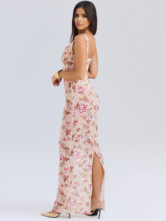 2025年レディース向け、スウィートハートネックラインとスリムフィットデザインの花柄マキシドレス