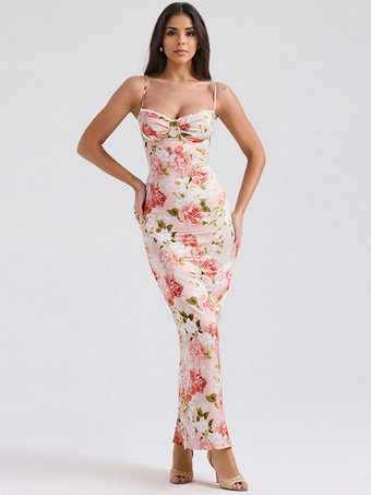 ピンク2025年レディース向け、細ストラップ付きフローラルプリントロングボディコンドレス