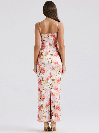 2025年レディース向け、細ストラップ付きフローラルプリントロングボディコンドレス