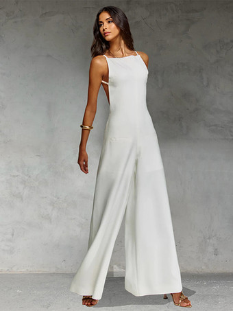 ホワイト 2025年レディース向けワイドレッグノースリーブジャンプスーツ