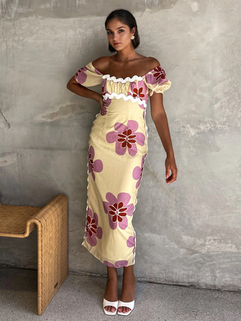 ベージュフローラルドレス パフスリーブ ウエストフィット サマーミディドレス レディース 2025