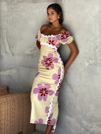 フローラルドレス パフスリーブ ウエストフィット サマーミディドレス レディース 2025