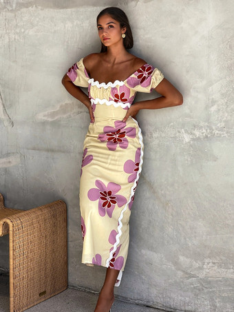 フローラルドレス パフスリーブ ウエストフィット サマーミディドレス レディース 2025