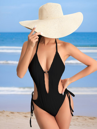 ブラック 2025年夏向け、無地モノキニのセクシーなカットアウトホルターネックワンピース水着