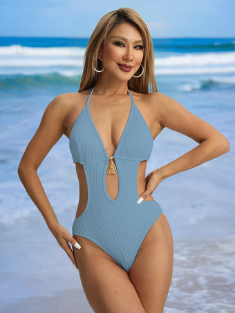 ライトスカイブルー2025年夏向けキーホールカットアウトモノキニ無地ワンピース水着