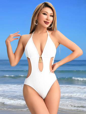 2025年夏向けキーホールカットアウトモノキニ無地ワンピース水着