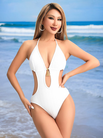 2025年夏向けキーホールカットアウトモノキニ無地ワンピース水着