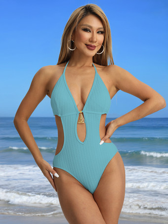 スレートグレー 2025年夏向けキーホールカットアウトモノキニ無地ワンピース水着