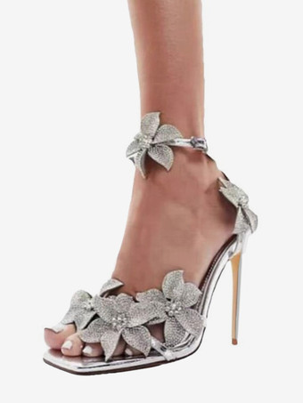 シルバー レディース ハイヒール サンダル ラインストーン オープントゥ フラワーディテール ハイヒール パーティーシューズ
