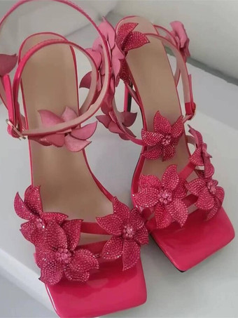 レディース ハイヒール サンダル ラインストーン オープントゥ フラワーディテール ハイヒール パーティーシューズ