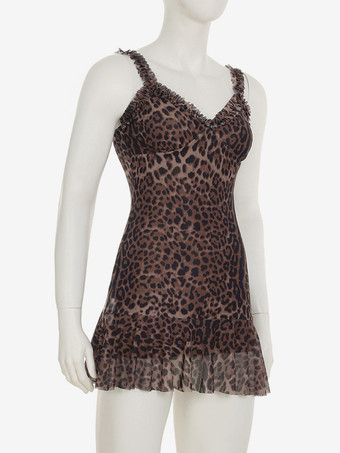 ヒョウ柄Vネックボディコンミニドレス（フリル裾付き）レディース 2025