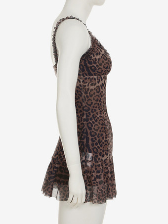 ヒョウ柄Vネックボディコンミニドレス（フリル裾付き）レディース 2025