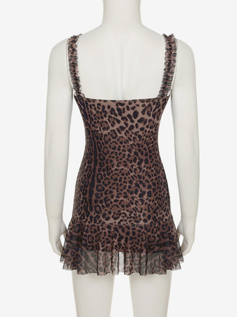 ヒョウ柄Vネックボディコンミニドレス（フリル裾付き）レディース 2025