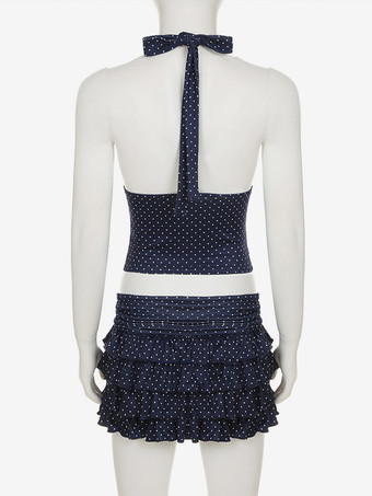 ドット柄ツーピースコーデセット ディープVネッククロップトップとフリルスカート レディース 2025