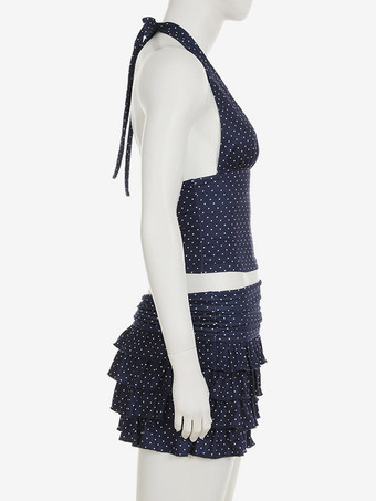 ドット柄ツーピースコーデセット ディープVネッククロップトップとフリルスカート レディース 2025