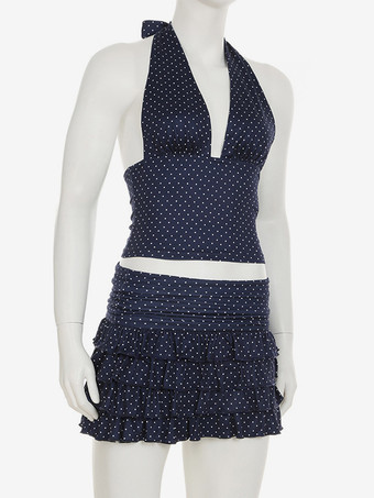 ドット柄ツーピースコーデセット ディープVネッククロップトップとフリルスカート レディース 2025