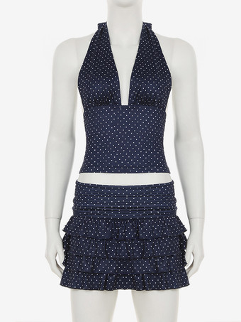 ドット柄ツーピースコーデセット ディープVネッククロップトップとフリルスカート レディース 2025