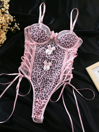 ランジェリーテディ ヒョウ柄 レースアップ ピンク テディ レディース