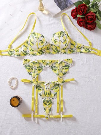 レースランジェリープリントセクシーイエロー4ピース大人用ブラ＆パンティセット