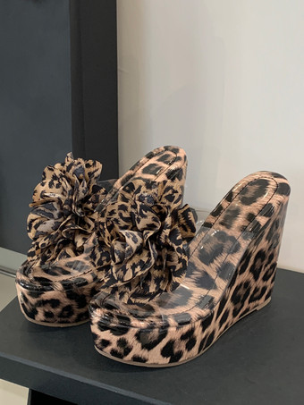 レオパードウェッジサンダル プラットフォーム オープントゥ フラワーディテール サンダル ウェッジ