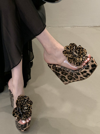 レオパードウェッジサンダル プラットフォーム オープントゥ フラワーディテール サンダル ウェッジ