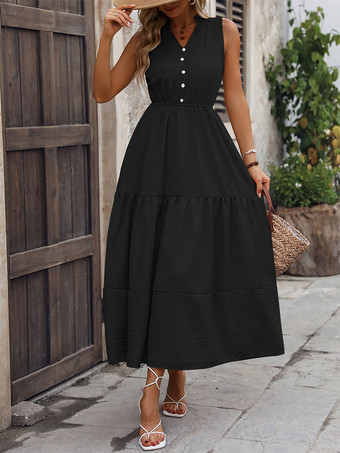 ブラック ノースリーブVネックティアードロングドレス（レディース）2025