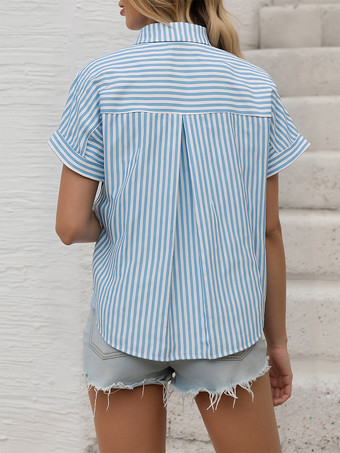 レディース向けブルーストライプ半袖カジュアルシャツ 2025