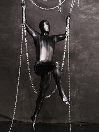 ハロウィン メンズ ウェットルック ストレッチ ジッパー クロッチ ボディスーツ フルボディ キャットスーツ