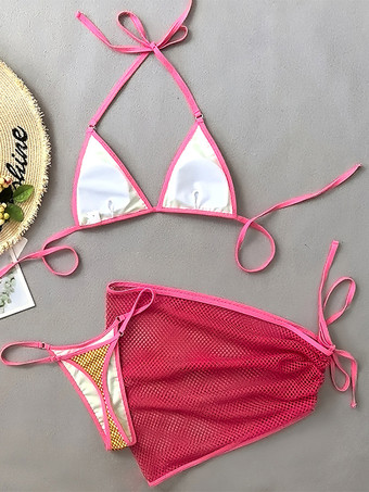 メッシュ水着セット コントラストカラービキニとミニスカートカバーアップ ビーチ用 2025