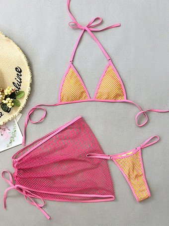 メッシュ水着セット コントラストカラービキニとミニスカートカバーアップ ビーチ用 2025