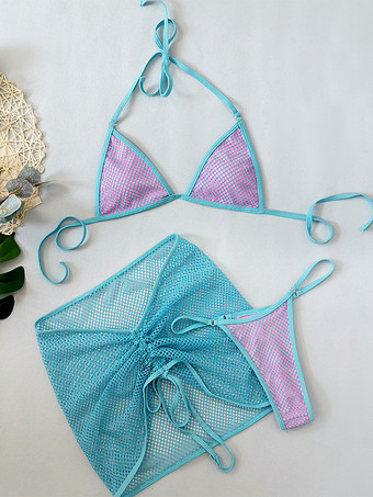 メッシュ水着セット コントラストカラービキニとミニスカートカバーアップ ビーチ用 2025