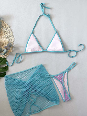 メッシュ水着セット コントラストカラービキニとミニスカートカバーアップ ビーチ用 2025