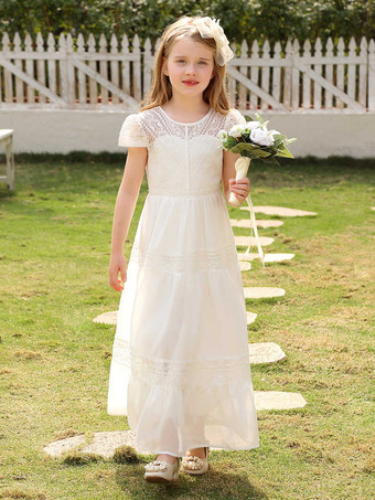 アイボリー フラワーガールドレス ウェディング かわいいフラワーガールドレス フラワーガールドレス 子供用 社交パーティードレス 半袖 レース