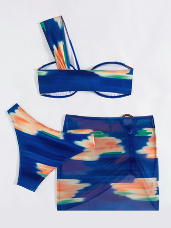 2025年夏のビーチにぴったりな、ワンショルダービキニとミニスカートのプリントメッシュ水着セット