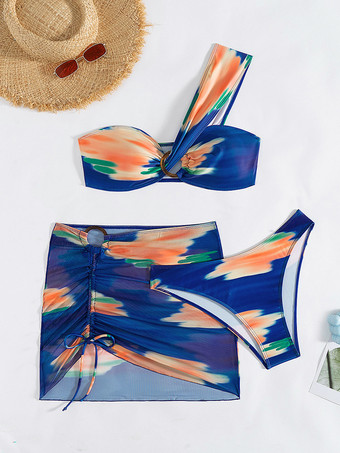 2025年夏のビーチにぴったりな、ワンショルダービキニとミニスカートのプリントメッシュ水着セット
