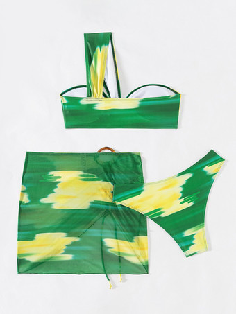 2025年夏のビーチにぴったりな、ワンショルダービキニとミニスカートのプリントメッシュ水着セット