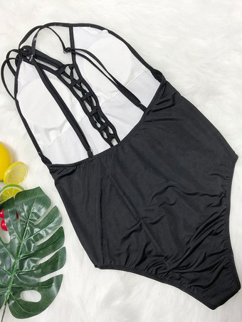 フロントレースアップのバックレスブラックワンピース水着 2025