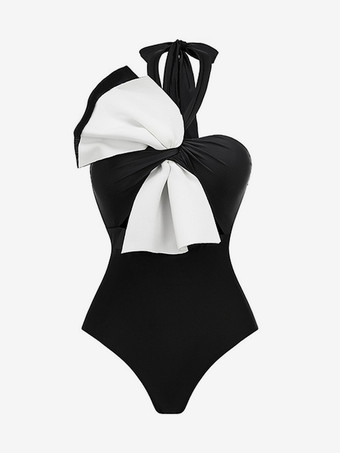 リボンアクセント付きコントラストカラーワンピース水着 2025