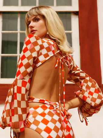 チェック柄モノキニ 長袖 カットアウトウエスト ワンピース水着 2026