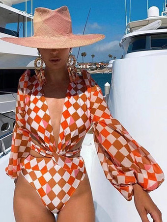 チェック柄モノキニ 長袖 カットアウトウエスト ワンピース水着 2026