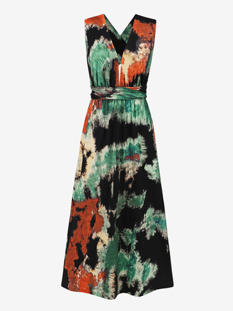 深めのVネックプリントホルターネックマキシドレス 2025