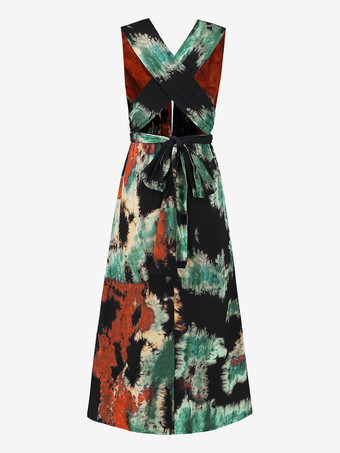 深めのVネックプリントホルターネックマキシドレス 2025