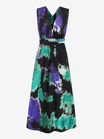 深めのVネックプリントホルターネックマキシドレス 2025